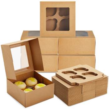 Juvale 24 Pack Cupcake Containers with Windows, 6x6 Boxes with 4 Count Inserts for Muffins (Kraft Paper)
