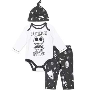 Disney Nightmare Before Christmas Zero Sally Jack Skellington Baby Bodysuit Pants and Hat 3 Piece Outfit Set Newborn to Infant 