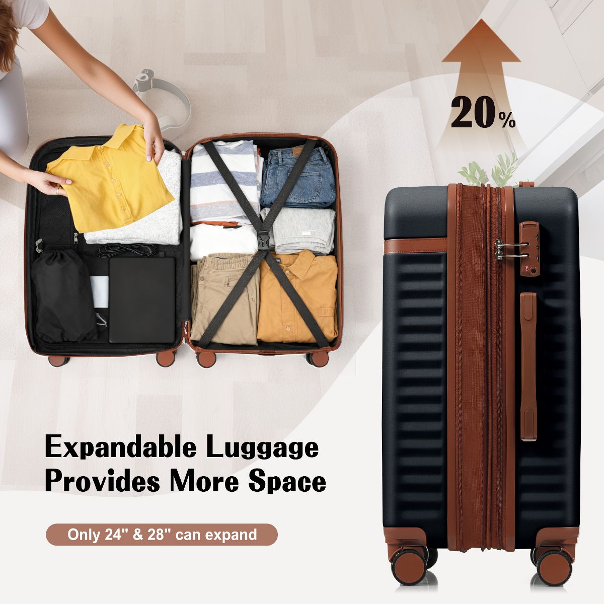 Polibi Luggage Set 3 Piece, 20 Inch Front Opening Design and 24/28 Inch Checked Suitcase with Spinner Wheels - thumbnail 8