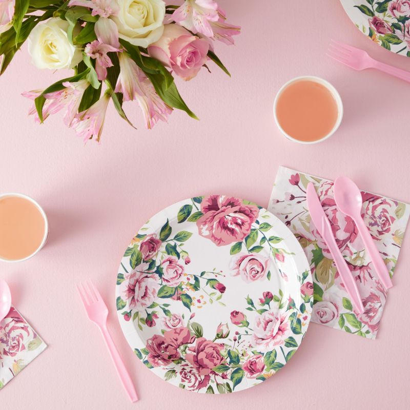 Blue Panda 144 Piece Vintage Style Tea Party Supplies with Pink Floral Paper Plates, Napkins, Cups, and Cutlery, Disposable Tableware Set, Serves 24, 3 of 9