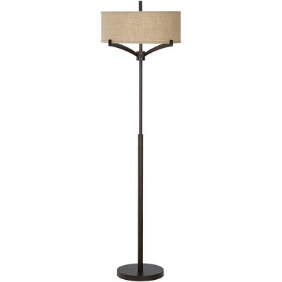 Franklin Iron Works Mid Century Modern Floor Lamp Deep Bronze Tan Burlap Drum Shade for Living Room Reading Bedroom Office