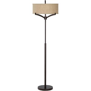 Franklin Iron Works Tremont Mid Century Modern Floor Lamp 62" Tall Deep Bronze Metal Tan Burlap Drum Shade for Living Room Bedroom Office House Home - 1 of 4
