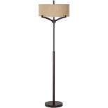 Franklin Iron Works Tremont Mid Century Modern Floor Lamp 62" Tall Deep Bronze Metal Tan Burlap Drum Shade for Living Room Bedroom Office House Home