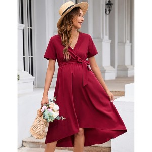 Women Cross V Neck Wrap Dress Lantern Short Maternity Dress Tie High Waist Dress A-Line Flowy Dress with Belt - 1 of 4