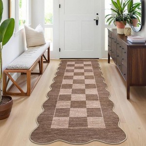 Checkered Rug Washable Rug for Living Room Non Slip Indoor Scalloped Printed Carpet Low Pile Neutral Rugs Soft Floor Cover for Bedroom Nursery - 1 of 4