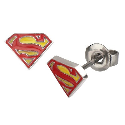 DC Comics Superman Logo Stainless Steel and Epoxy Stud Earrings - Red/Yellow