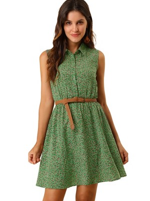 INSPIRE CHIC Women's Floral Sleeveless Half Placket Mini Belted Summer Dress