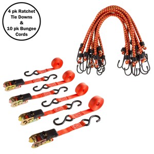 Ratchet Strap and Bungee Cord Kit – Set of Four 15’ 1500LB Break Strength Cargo Straps and Ten 18” Cords for Moving, Trucks, or Roof Racks by Stalwart - 1 of 4