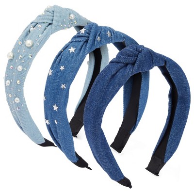Glamlily 3 Pack Shades of Blue Knot Headband for Girls, Occasions and Gifts, with Pearls, Rhinestones, Star Studs, 3 Colors