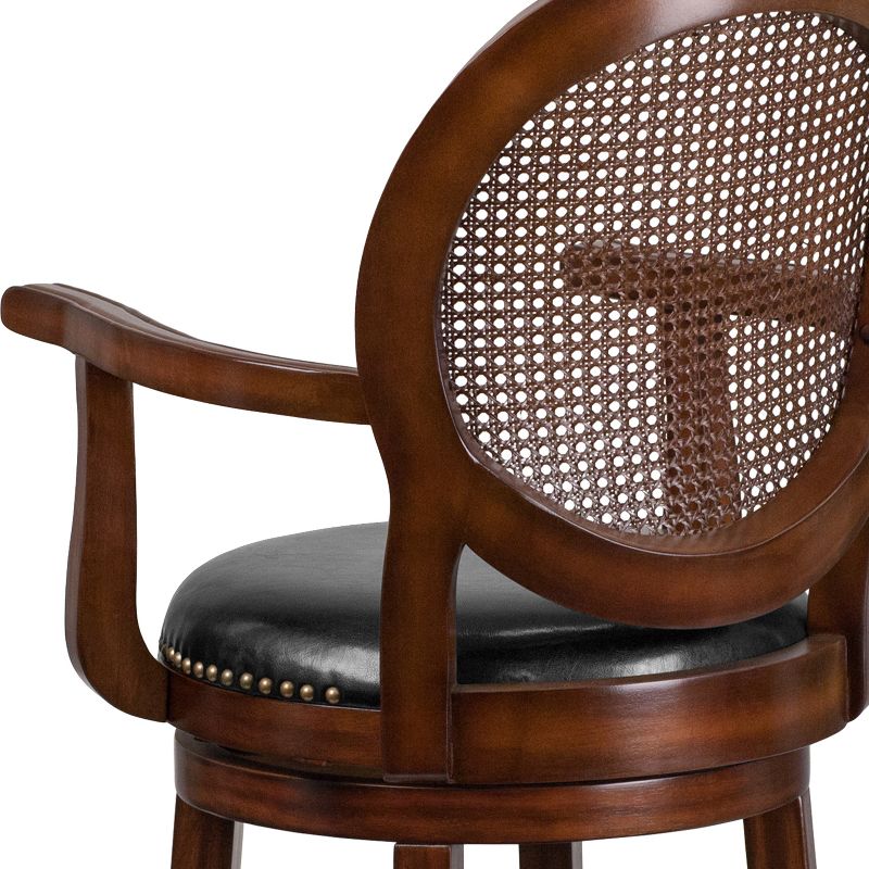 Merrick Lane 30" Swivel Bar Stool with Oval Rattan Back, Arms and Black Faux Leather Upholstered Swivel Seat in Espresso, 6 of 10