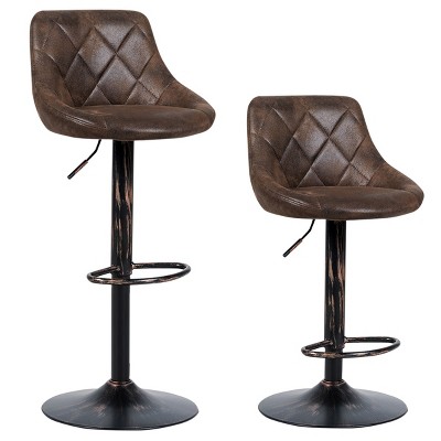Costway Set of 2 Adjustable Bar Stools Swivel Bar Chairs Hot-stamping Cloth Retro Brown Low Back