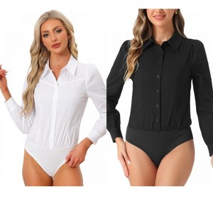 INSPIRE CHIC Women's Collared Business Casual Button Down Long Sleeves Bodysuit Leotard Shirt 2 Packs - 1 of 4