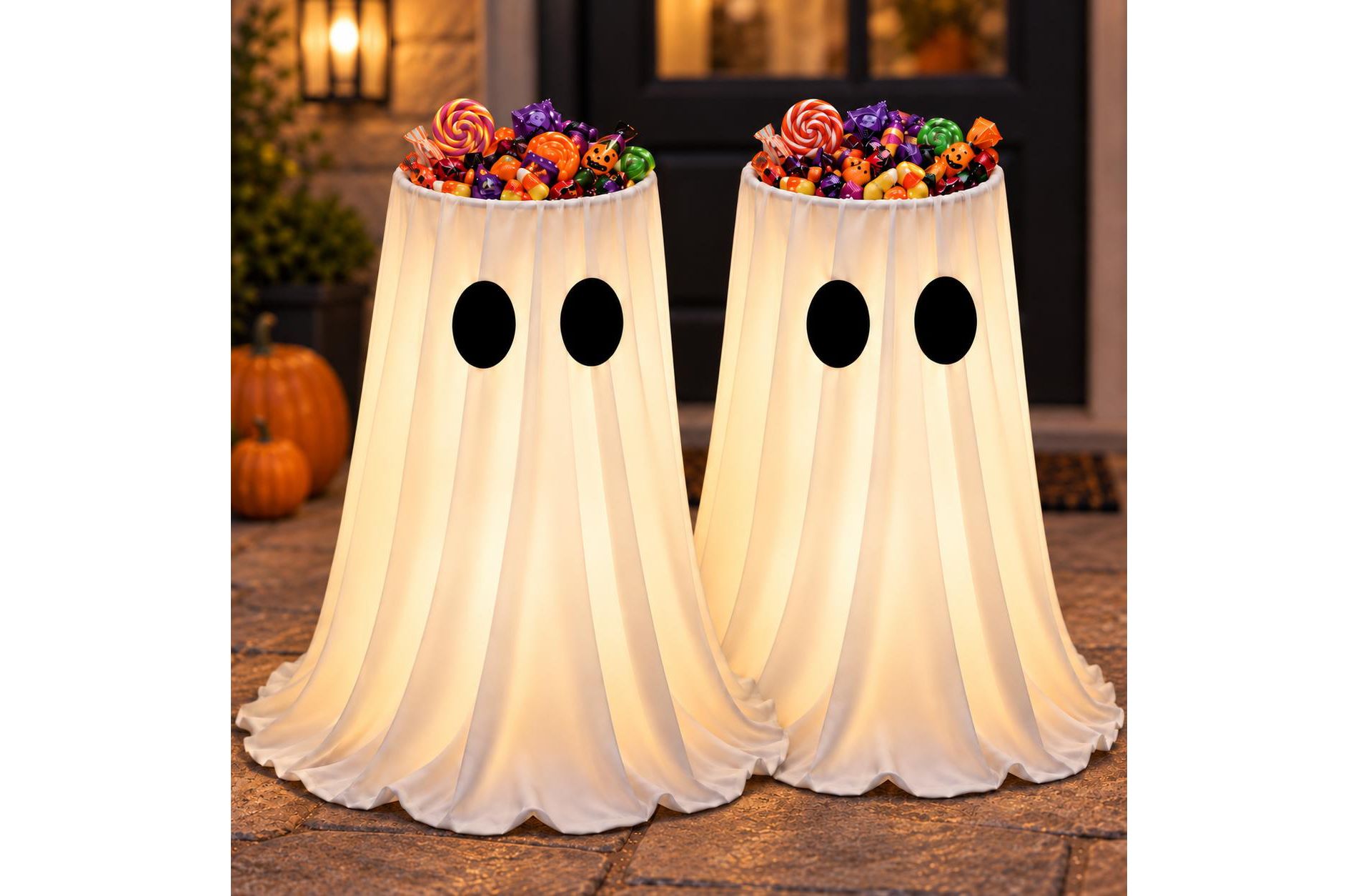 LauKingdom 2ct 30-Inch Lighted Ghost Candy Bowl Holders, Remote Timer, 8 Modes, Outdoor Halloween Decorations for Porch, Yard and Trick-or-Treat