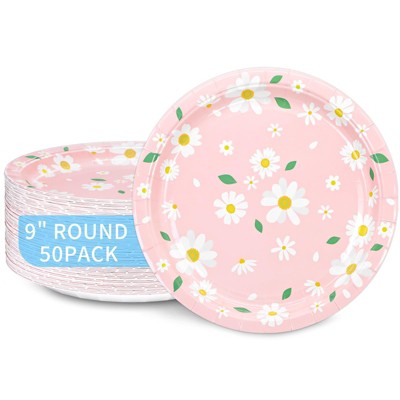 DYLIVeS Pink Daisy Party Plates, Summer Daisy Paper Plates Disposable Daisy Dinner Dessert Plates for Girls Birthday Spring Daisy Party Decorations