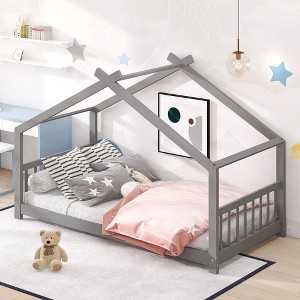 Twin Size Wood House Bed with Roof for Kids or Teens Bedroom - 1 of 4