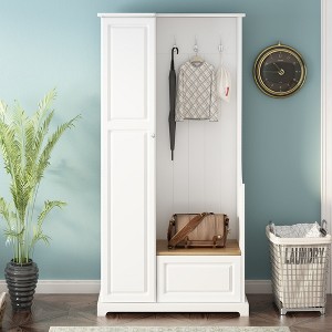 TiramisuBest Contemporary Hall Tree with Cushioned Storage Bench, Multifunctional Shoe Cabinet, Modern Coat Rack with 4 Hooks for Entryway, White - 1 of 4