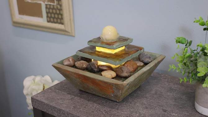 Sunnydaze Indoor Home Office Slate and Polished Stone Ball Tiered Tabletop Water Fountain with LED Light - 8", 2 of 15, play video