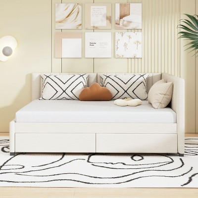 Full Size Upholstered Daybed with Storage Drawers and Backrest, Linen Sofa Bed for Bedroom or Guest Room-Baofuwish
