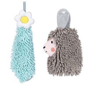 REGALWOVEN Soft Absorbent Flower Pattern and Sheep Pattern Chenille Hand Towel with Loop 6" x 15"/7" x 11" 2 Pcs - 1 of 4