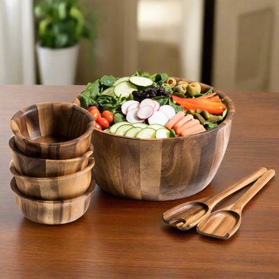 Kalmar Home Large Acacia Wood Salad Bowl Set with Servers and 4 Bowls