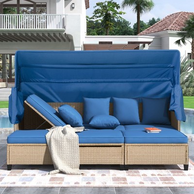 CAVINAS 4 Piece UV-Proof Resin Wicker Patio Outdoor Seating Sets, with Retractable Canopy, Cushions and Lifting Table, Blue