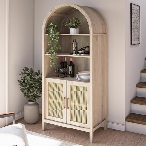 JUJABU 70" Light Oak Bohemian Arched Storage Cabinet with 2 Rattan Doors & Adjustable Shelves for Kitchen, Living Room - 1 of 4