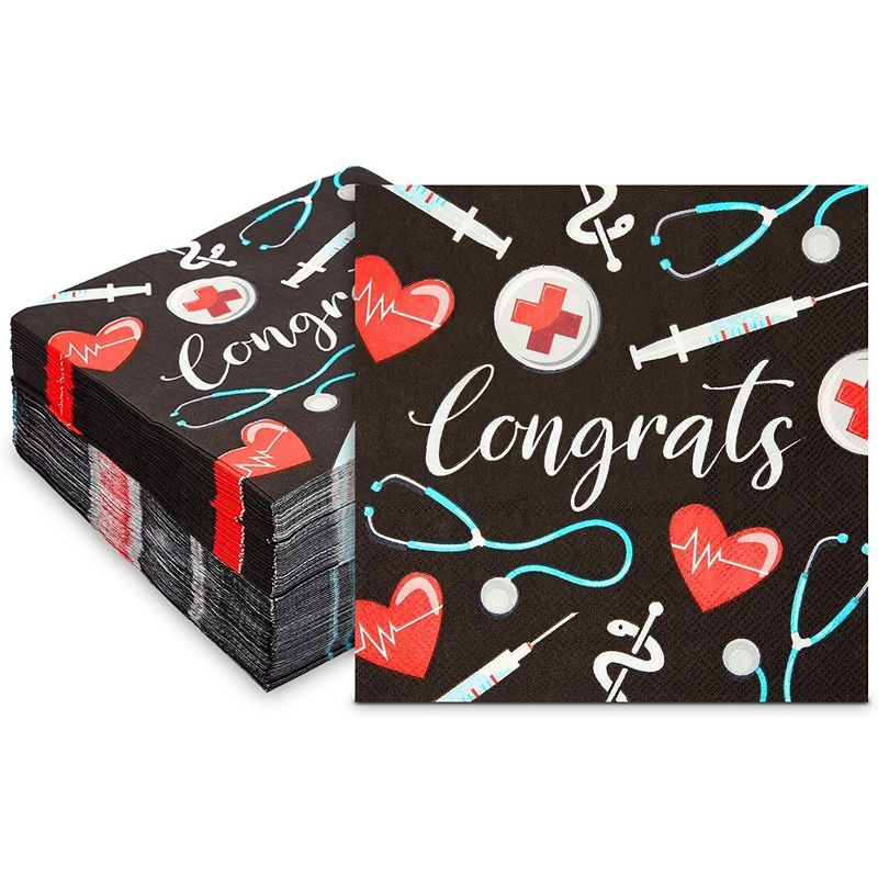 Sparkle and Bash 100 Pack Nurse Graduation Disposable Paper Napkins, Class of 2024 Grad Party Supplies Decorations, Black, 6.5 x 6.5 in, 1 of 7
