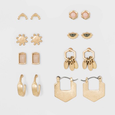 Semiprecious Howlite Stone and Geo Shape Multi Stud Earring Set 8ct - Universal Thread™ Gold