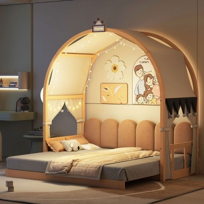 Twin Size Bed Frame With Arched Roof And Light Strip,Bed Frame Wood With Playful Tent,Pinewood Ground-Level Canopy Bed -Maison Boucle