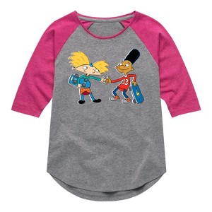 Girls' - Hey Arnold! - Arnold and Gerald Skateboard Shirt Tail Raglan Graphic T-shirt - 1 of 4