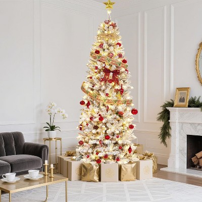 6/7.5/9/12FT Pencil Christmas Tree,Pre-Lit Frosted Artificial Tree,Skinny Xmas Trees Holiday Decoration,with LED Light&Metal Base for Home Party