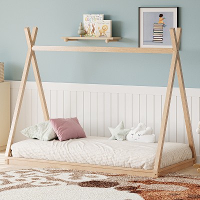 DOMETOUR Wood Twin Size Tent Bed for Kids, Montessori Style Low-Floor Bed ,House Shape Tent Bed Frame for Boys Girls Teens, Without Slats,Natural