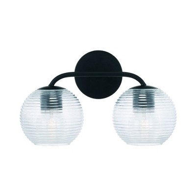Matte Black 2-Light Vanity with Clear Ribbed Glass Shades