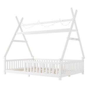 TopComfy Beds Full Size House Bed Fence Roof Bed Frame for Kids Low Floor Structure House Design Safety Fence for Kids Room, White, 80.91"*15.55"*6.5" - 1 of 4