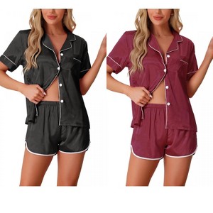 INSPIRE CHIC Women's 2 Pcs Satin Pajamas Silky Short Sleeve Button Down Pajama Sets - 1 of 4