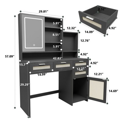 Black MDF Makeup Vanity with Mirror and Rattan Accents