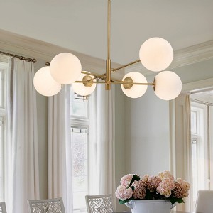LLHZSY 6 Light Gold Brass Mid-Century Modern Ceiling Chandelier with White Globe Glass - 1 of 4