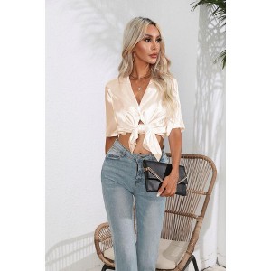 Women's Satin Shirt with Notched Collar Relaxed Fit Glossy Shirt for Layering Top - 1 of 4