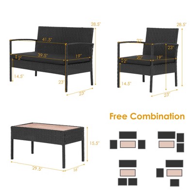 Black 4-Piece Rattan Patio Furniture Set with Acacia Wood Tabletop