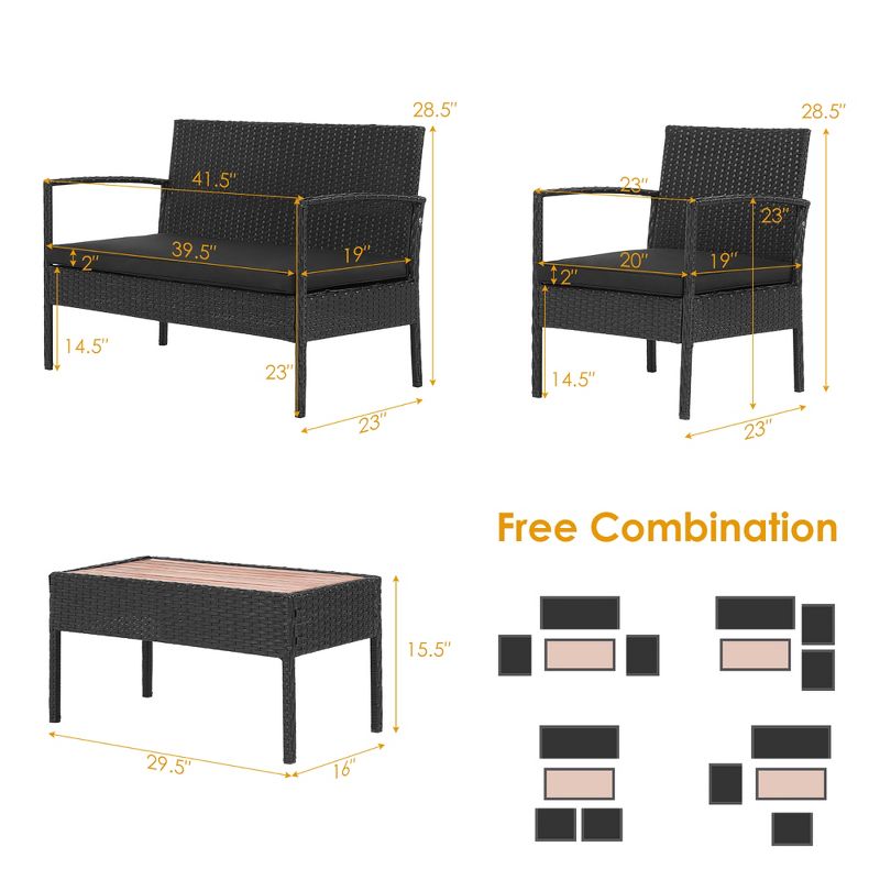 Costway 4PCS Patio Rattan Furniture Set Cushioned Chair Wooden Tabletop Black, 3 of 10