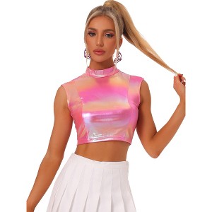 Allegra K Women's Metallic Crop Shiny Sleeveless Holographic Party Tank Tops - 1 of 4