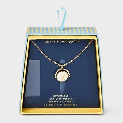 14K Gold Dipped Crystal and Mother of Pearl Circle Spinner Initial Necklace - A New Day™
