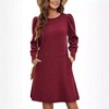 Coolmee Women's Knit Dresses Fall fashion Solid Long Puff Sleeve Dresses Casual Round Neck Waisted Mini Dresses With Pockets L Red - 4 of 4
