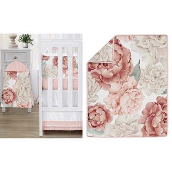 Sweet Jojo Designs Girl Crib Bedding + BreathableBaby Breathable Mesh Liner Peony Floral Garden Pink Ivory