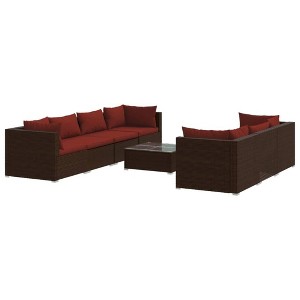 vidaXL Patio Lounge Set Outdoor Sectional Sofa Set Table Garden Poly Rattan - Brown and Red 4x Corner 3x Middle Table - 1 of 4