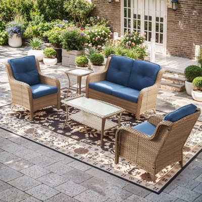 Gymojoy 5 Piece Outdoor Wicker Loveseat Sofa with Patio Chairs with Coffee Table and Side Table