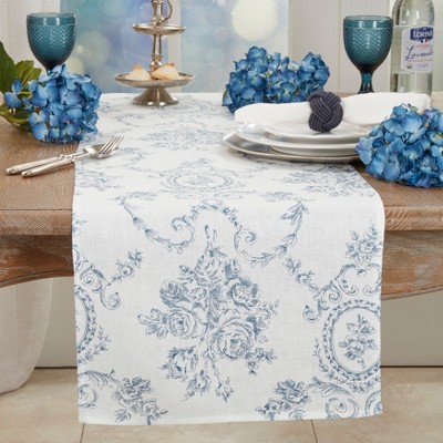 Indigo Floral Linen Table Runner with Toile Design
