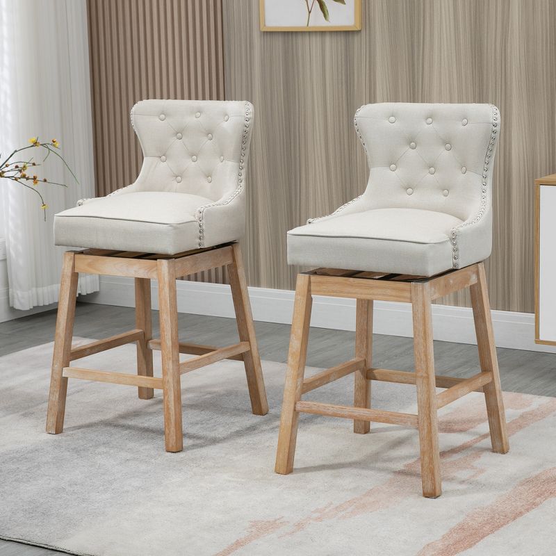 HOMCOM Upholstered Fabric Bar Height Bar Stools Set of 2, 180° Swivel Nailhead-Trim Pub Chairs, 30" Seat Height with Rubber Wood Legs, 2 of 9