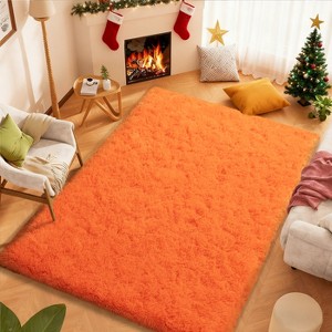 Grass Green Fluffy Shag Area Rug with Non-Slip Base & 4 Reusable Stickers, Soft Plush Mat - 1 of 4