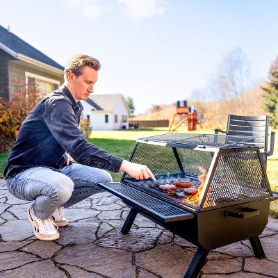 Black Steel Outdoor Fire Pit with Grill and Spark Screen